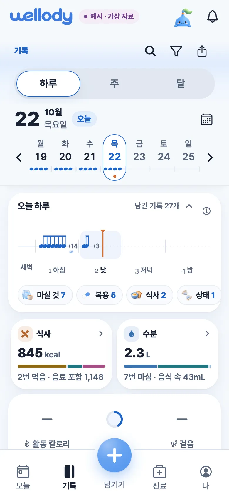 기록 탭 하루 보기. 오늘 하루 흐름 그림, 종류별 개수, 식사 845kcal와 수분 2.3L 칸(예시 자료).